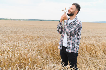 Farmer holding wheat stalks and smiling in a large field of ripe wheat, enjoying the harvest seasonの写真素材