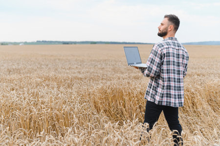 Farmer using laptop for smart agriculture, inspecting his wheat field and planning his next moveの写真素材
