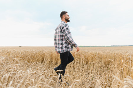 Happy farmer walking through ripe wheat field on sunny summer day, enjoying agricultural landscape and harvestの写真素材