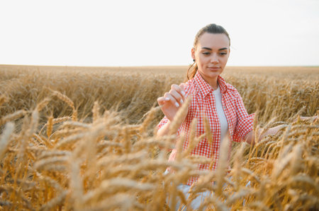 Young female farmer walking and gently touching ripe wheat ears in a golden field at sunset, enjoying agricultural landscapeの写真素材
