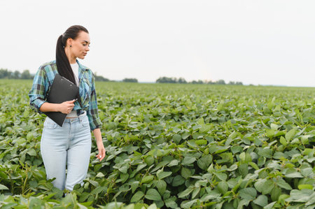 Agronomist walking through cultivated soybean field, performing crop inspection and taking notes on clipboardの写真素材