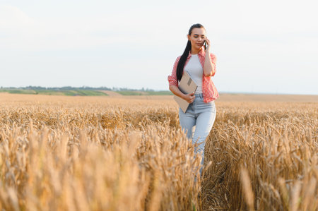 Farmer walking through a golden wheat field, talking on a cell phone, blending technology with rural...