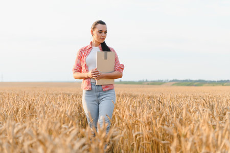 Young female farmer walking through golden wheat field holding folder, inspecting crops at sunset