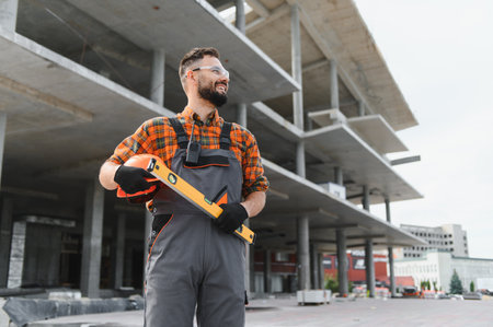 Smiling construction worker standing at building site, holding safety hard hat and spirit level,...