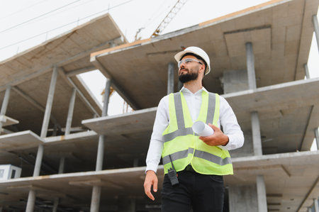 Male engineer wearing hard hat and safety vest standing at a construction site, holding blueprints, and looking aheadの写真素材