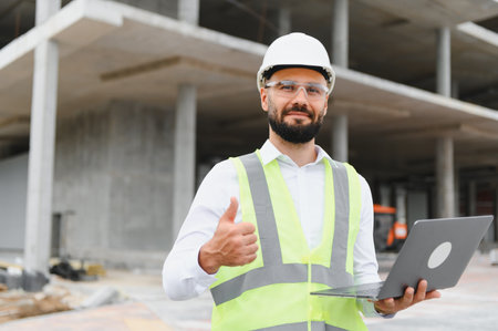 Engineer wearing hard hat and safety vest giving a thumbs up gesture, indicating approval on a...