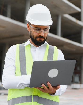 Engineer in hard hat and safety vest using laptop to inspect and manage progress at an urban...