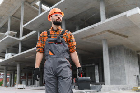Male construction worker wearing hard hat and safety glasses, holding a toolbox on a commercial...