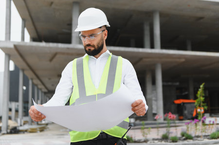 Engineer man studying blueprints at an active construction site, ensuring project progress and...