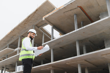 Engineer wearing safety gear examining building plans at an active construction site, ensuring...