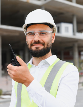 Construction worker wearing hard hat and safety vest smiling while holding walkie talkie at building siteの写真素材