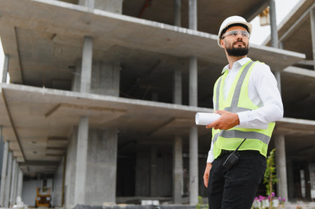 Male architect or construction manager wearing hard hat and safety vest standing at building...