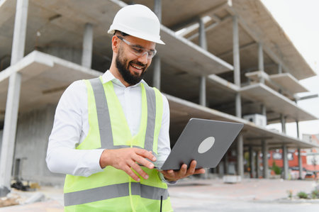 Engineer in hard hat and safety vest smiling while using laptop on active building construction site, planning progress and inspectionの写真素材