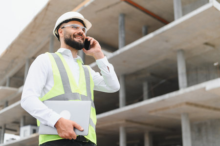 Engineer wearing hard hat and safety vest, holding laptop and talking on mobile phone at a building...