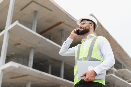 Engineer working, talking on smartphone, holding laptop on a building construction site. Safety and...