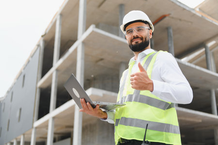 Bearded engineer wearing hard hat and safety vest giving successful thumbs up at building...