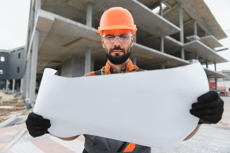 Engineer or foreman in hard hat and safety glasses, holding a blank blueprint, standing at a...