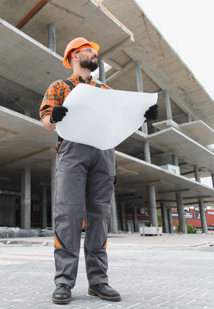 Engineer man in hard hat and safety glasses checking blueprint at a construction site, overseeing project developmentの写真素材