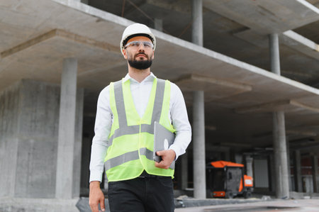 Engineer or architect wearing hard hat and safety vest, holding a digital tablet on a building...