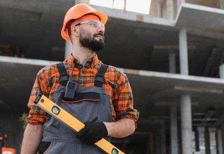 Worker in hard hat and overalls holding a spirit level, looking confident at a modern construction...