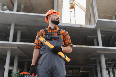 Professional construction worker wearing hard hat and safety glasses, holding a level tool at a new...