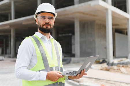 Professional engineer or architect reviewing building plans on a laptop at an active construction...