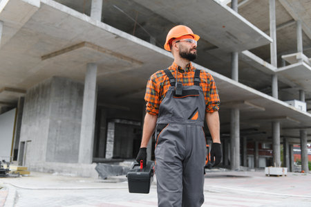 Construction craftsman wearing hard hat, goggles, and overalls, carrying a toolbox at a building siteの写真素材
