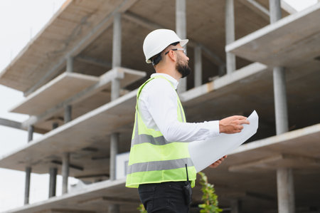 Professional man wearing hard hat and safety vest, holding blueprints, inspecting progress at a modern construction siteの写真素材