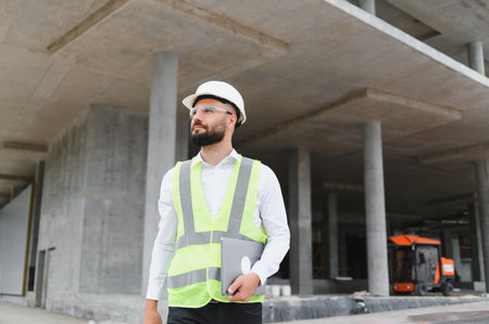 Engineer in hardhat and safety vest holding laptop on an urban construction site, surveying new...