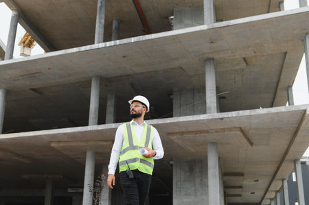 Male engineer in hard hat and safety vest studies blueprints while inspecting an urban construction site, focused on building progressの写真素材