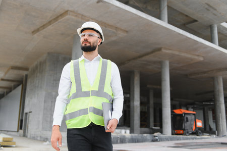 Engineer wearing safety hard hat, vest, and glasses, standing with laptop at a modern construction siteの写真素材