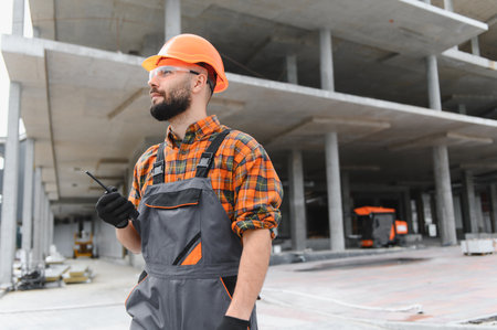Construction foreman in hard hat and safety glasses holding a walkie talkie at an active urban construction site, confident and focusedの写真素材