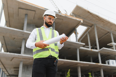 Engineer wearing safety gear and holding blueprints, supervising work on an unfinished concrete...