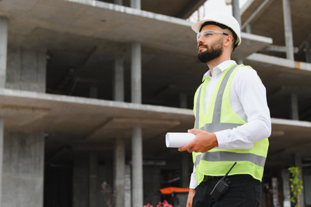 Male construction worker or manager wearing safety hard hat and vest holding blueprints, observing progress at a building siteの写真素材