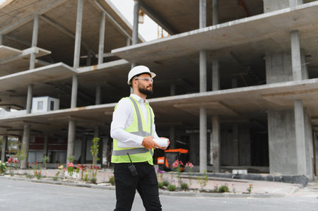 Man in hard hat and safety vest standing at a construction site, holding blueprints and overseeing...