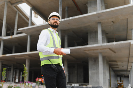 Professional male engineer in hard hat and safety vest holding blueprints while observing a building construction siteの写真素材