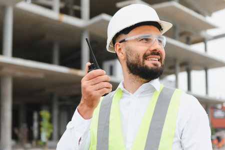 Male construction worker or architect wearing safety helmet and vest, smiling while using a walkie...