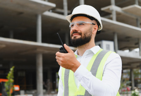 Male engineer wearing hard hat and safety vest, communicating on a walkie talkie at a building construction siteの写真素材