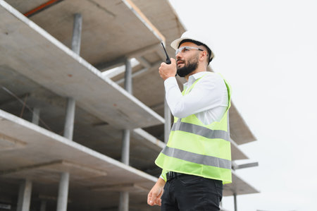 Male engineer wearing hard hat, safety vest communicating on walkie talkie at a concrete building constructionの写真素材