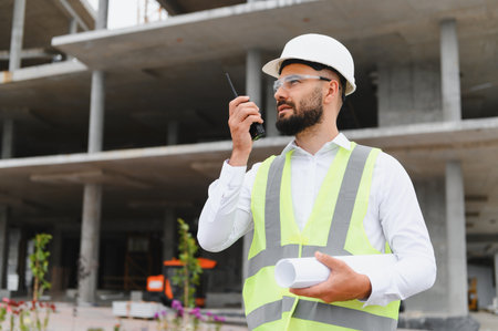 Engineer wearing hard hat and safety vest, holding blueprints, and using a walkie talkie at a...