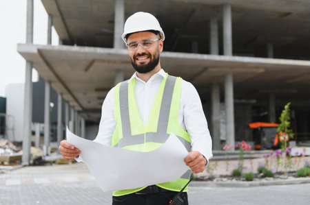 Young bearded engineer in hard hat and safety vest smiling, holding blueprint at a construction siteの写真素材
