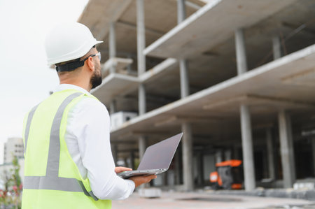 Engineer in hard hat and safety vest holding laptop, inspecting an unfinished urban building site and overseeing construction progressの写真素材