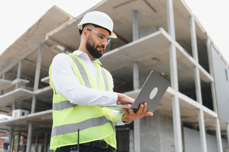 Engineer wearing hard hat and safety vest, looking at laptop, overseeing construction project on building siteの写真素材