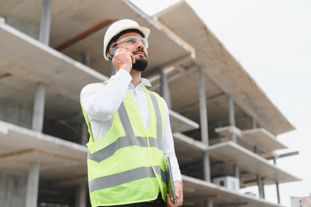 Engineer in hard hat and safety vest on construction site talking on smartphone, supervising...
