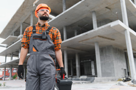 Builder man wearing hard hat, protective eyewear, and overalls, carrying a toolbox at a new building construction siteの写真素材
