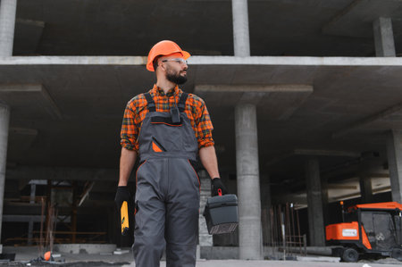 Engineer or builder standing, holding tools, and overlooking the construction process at an developing urban building structureの写真素材