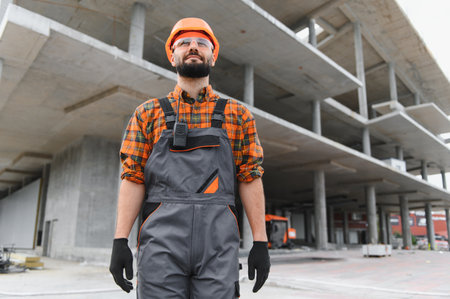 Builder or engineer wearing safety equipment and uniform at an unfinished concrete structure, representing development and progressの写真素材