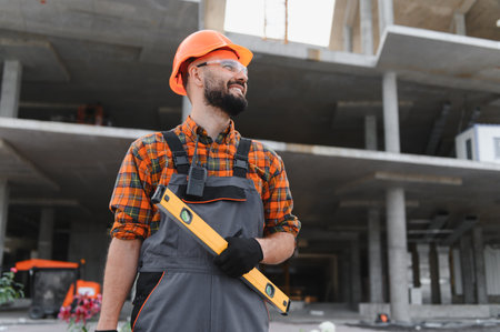 Happy builder man with hard hat and safety glasses smiling, standing on a construction site with level toolの写真素材
