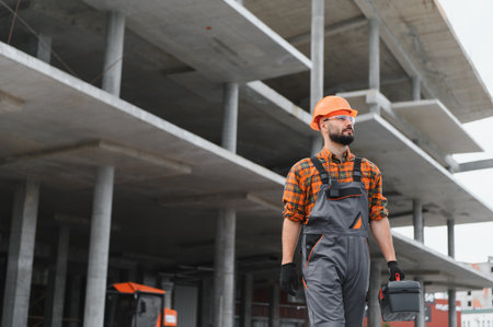 Young male construction worker in uniform and hard hat carrying a toolbox, overseeing construction work at a building siteの写真素材