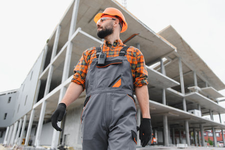 Construction worker in overalls and hard hat standing at a building construction site, representing...